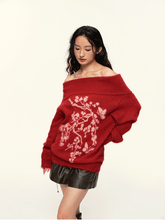 Vintage Flower Jacquard Red Off - Shoulder Sweater - COPPING THREADS - CT Select
